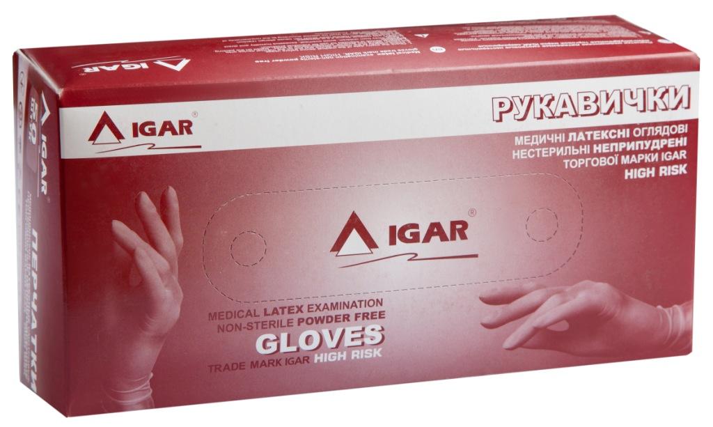 Medical latex examination non-sterile powder free gloves trade mark IGAR HIGH RISK